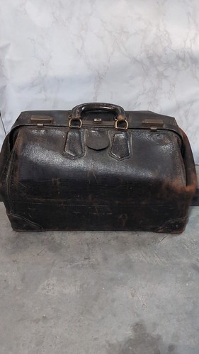 Vintage Black Leather Doctor Medical Bag Gladstone Style Metal Frame Distressed