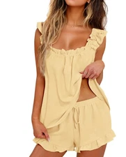 KFUBUO Womens Pajamas Set 2 Piece Ruffle Pj Soft Tank Top and Shorts Sleepwea...