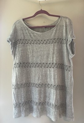Anthropologie Akemi Kin Crochet Lace Trim Short Sleeve Gray Top 100% Linen Large
