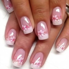 Pink Floral Press on Nails Medium Square French Tip Fake Nails with Flower