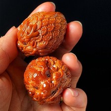 Brazil Nut Dragon Turtle Carved Hand Exercise Balls Pair 3.7cm