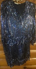 Vtg Avalon Royal Blue Silk Sequin Beaded Blouse Matching Skirt Set Size M