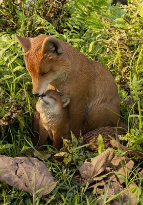 Hi-Line Gift Cuddling Mother and Baby Fox Garden Statue, Brown (87719-I)