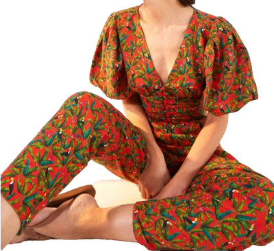 Farm Rio Tucano Paradise Open Back Red Jumpsuit Linen Blend Size XL