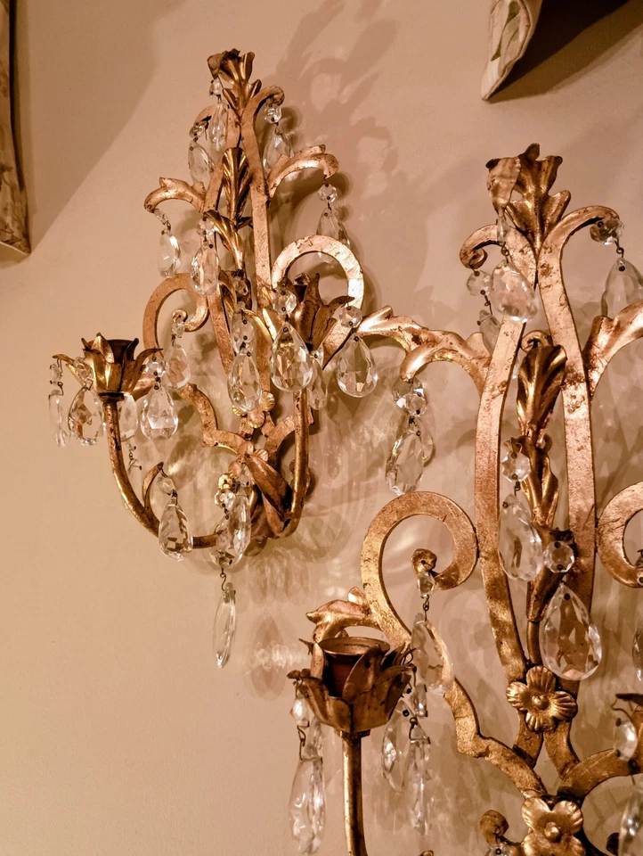 2 apliques de velas antiguos de cristal y hoja de oro pintado - flor y hojas, 2 brazos Foto 2 de 3