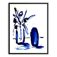 Original Abstract 9x12 Ink Botanical Floral Signed Blue White Art on Paper Decor