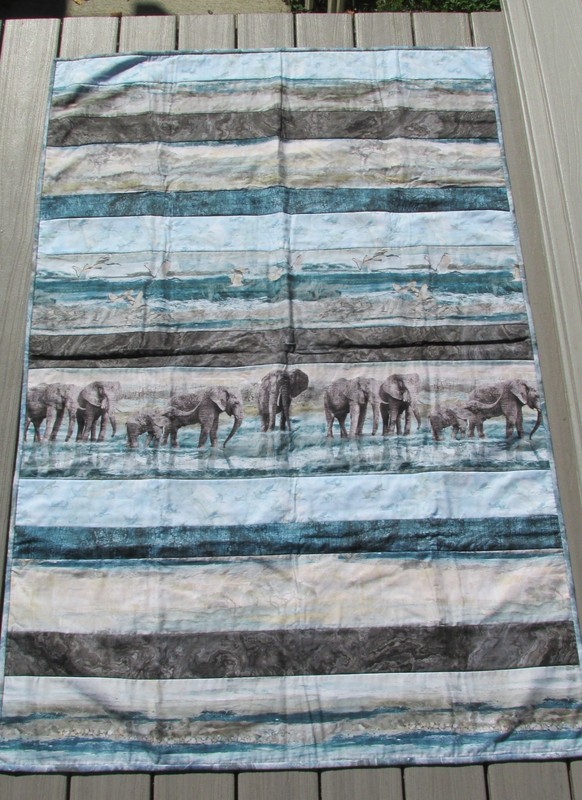 New Hand Made Dark Teal & Gray Elephant Quilt 41" x 60" Machine Quilted