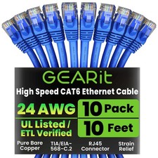 Cat 6 Ethernet Cable Pack - 10-Pack 10 ft Cat6 Ethernet Patch Cables  RJ45 N...