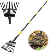 Garden Rake -Small Leaves Rakes for Gardening - 11 Metal Tines 8.5" Wide - 78" L