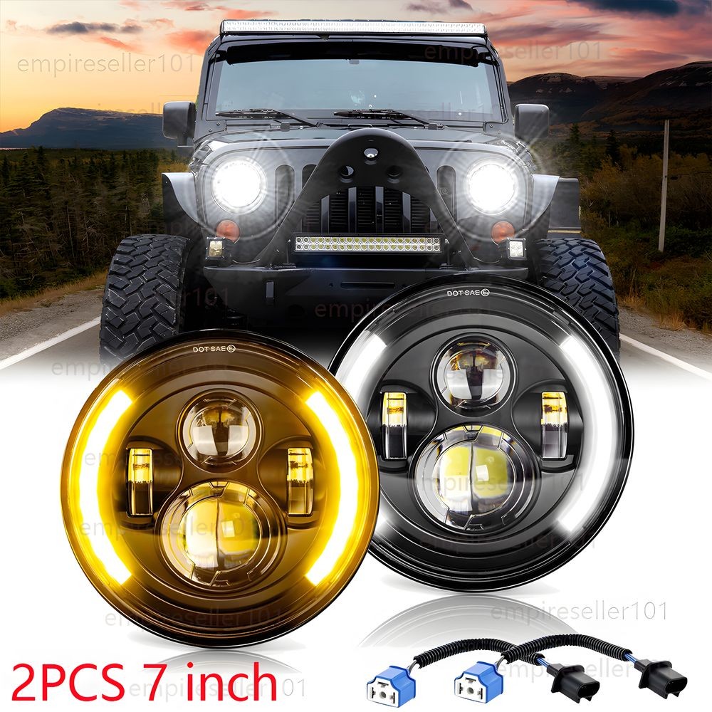 2PCS 7" Round Headlights Turn Signal DRL H6017 For For Jeep Wrangler JK TJ CJ LJ
