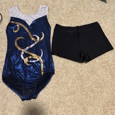 2pc leotard bundle- Amazon blue gold silver pattern, black shorts