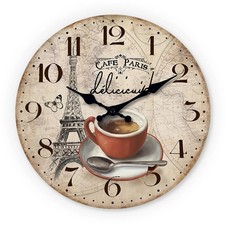 Vintage French Paris Eiffel Tower Coffee Cup Wooden Wall Clock Silent Decor