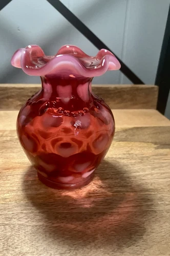 Fenton Cranberry Vase Opalescent Glass Heart, Ruffled Beaded Design