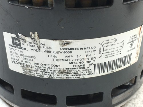 EMERSON K55HXJEW-9056 Blower Motor 115V 1/2HP 1050RPM 4SPD 1013341 used #MP344 - Picture 3 of 4