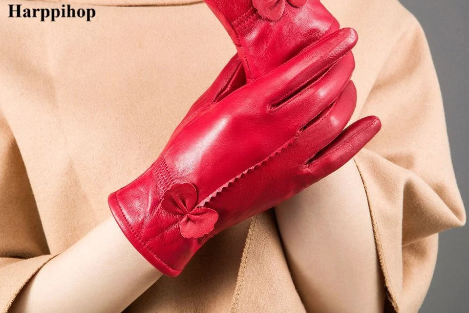 Guantes de cuero rojos a prueba de viento - Guante de piel de oveja genuino accesorio de moda para mujer Foto 4 de 4