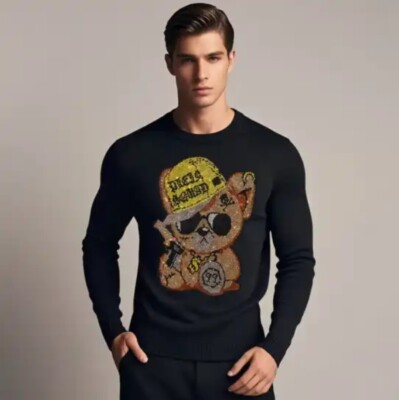 New Men Luxury Diamond Bear Rhinestones Fashion Knitted Black Beige Sweater