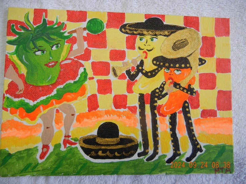 Original 5 x 7 painting Hot chilis mariachis dancing mexican hat tuba