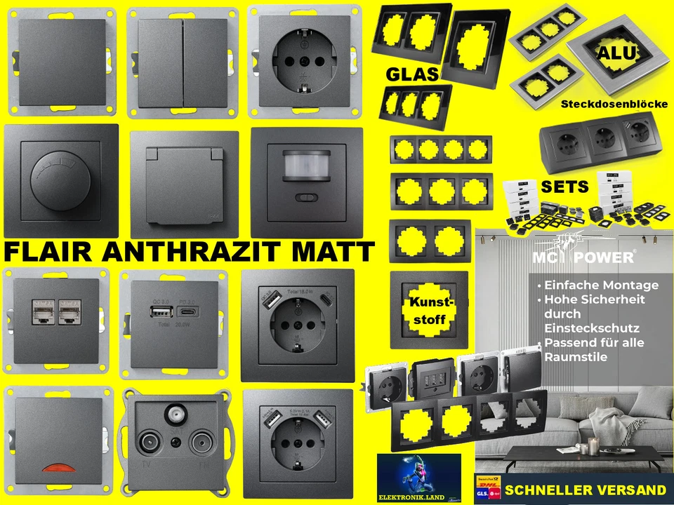 FLAIR anthrazit Schalterserie McPower⚡UP grau Steckdose Rahmen Taster Dimmer SET