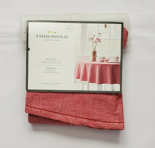 Threshold Chambray Hemsticth Round Tablecloth Red 100% Cotton 70", Seats 4-6, L7 - Picture 2 of 2