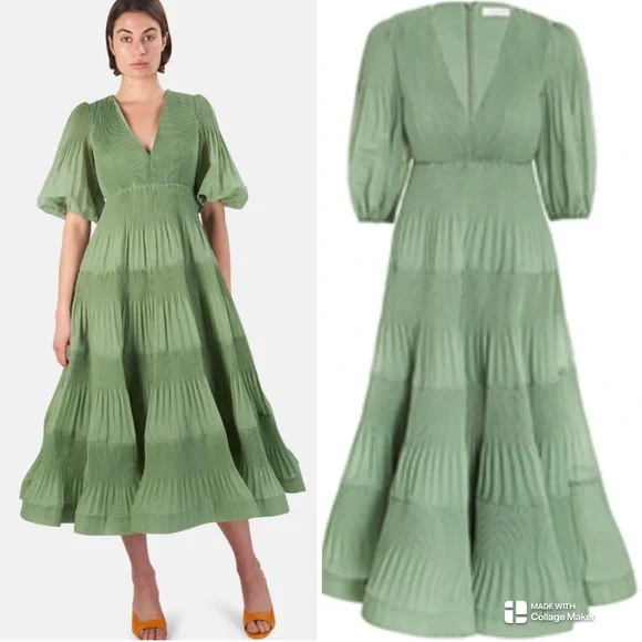 ZIMMERMANN BALLOON SLEEVE PLEATED MIDI DRESS SIZE 2 AUD 12 US8