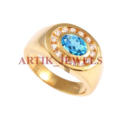 Natural Blue Topaz Gemstone with Gold Plated 925 Sterling Silver Mens Ring #273