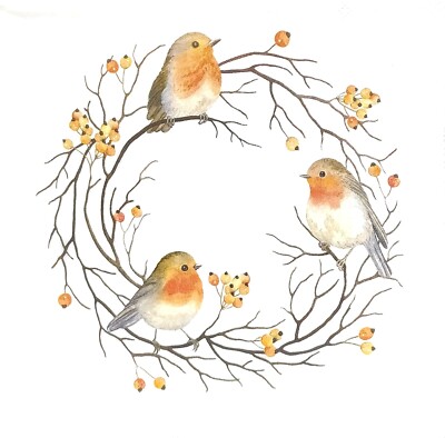 T707# 3 x Single Paper Napkins For Decoupage Robin Birds On Berry Branch Wreath