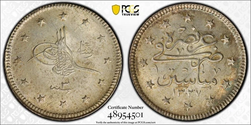 TURKEY - OTTOMAN , 2 KURUSH MOHAMED V 1327/3 AH MANASTIR ( S ) PCGS MS 63 , RARE