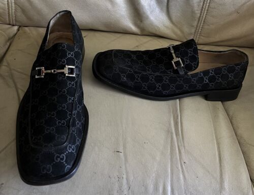 Vintage Gucci Horsebit GG Monogram Black Suede Loafers Size 12 1/2 - US 13 - Foto 1 di 10