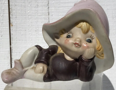 Vtg HOMCO Bisque Garden Pixie Elf Purple Gnome MCM Porcelain Doll Figurine 5213