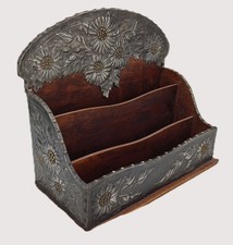Boite à courrier porte lettres, documents Art Nouveau en bois et étain 1900-1920