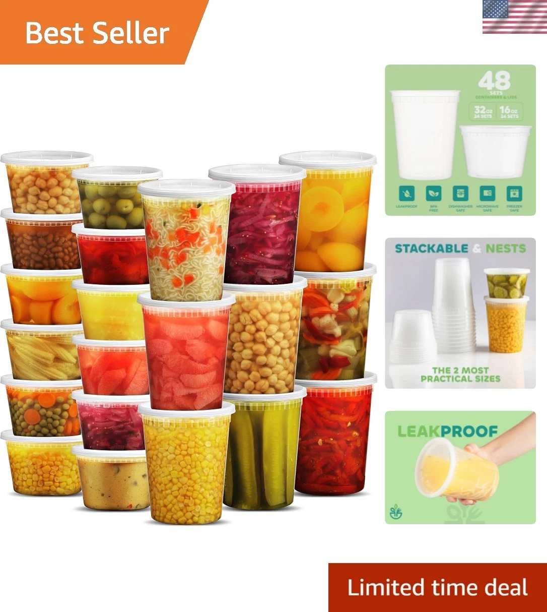 Deli Food Storage Containers with Lids - 48 Sets 24-32 Oz Quart Size & 24-16 ...