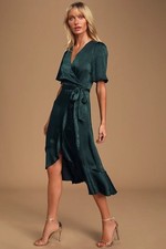 Lulus Midi Dress Size Medium Wrapped Up In Love Dark Green Satin Faux Wrap 
