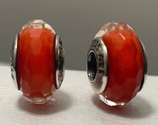 Set 2 Fascinating Orange Pandora Murano Glass Charms Pumpkin Fall Halloween Deal