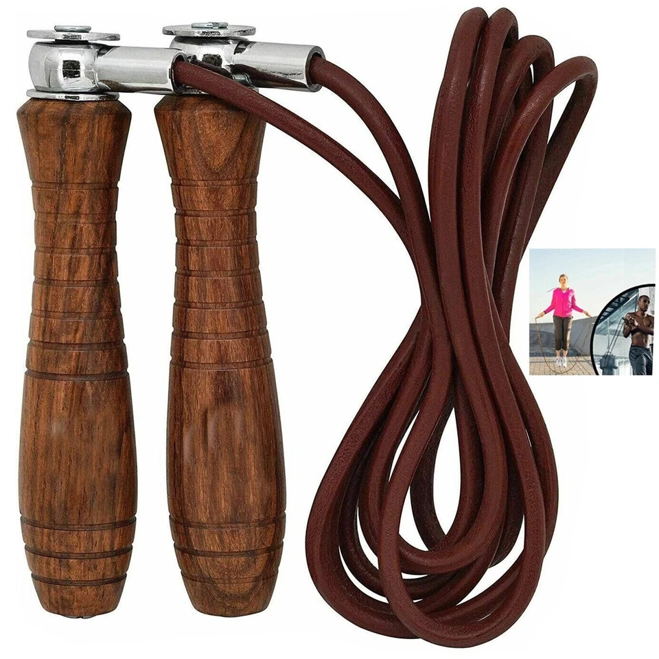 Profi Springseil Erwachsene Leder Holzgriff Retro Skipping Rope Boxen Sprungseil - Bild 3 von 3