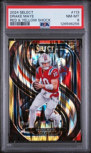 2024 Select Drake Maye Premier RC Red and Yellow Prizm Shock #113 Patriots PSA 8