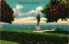 Massasoit Statue Plymouth MA Linen Postcard Vintage Scenic View