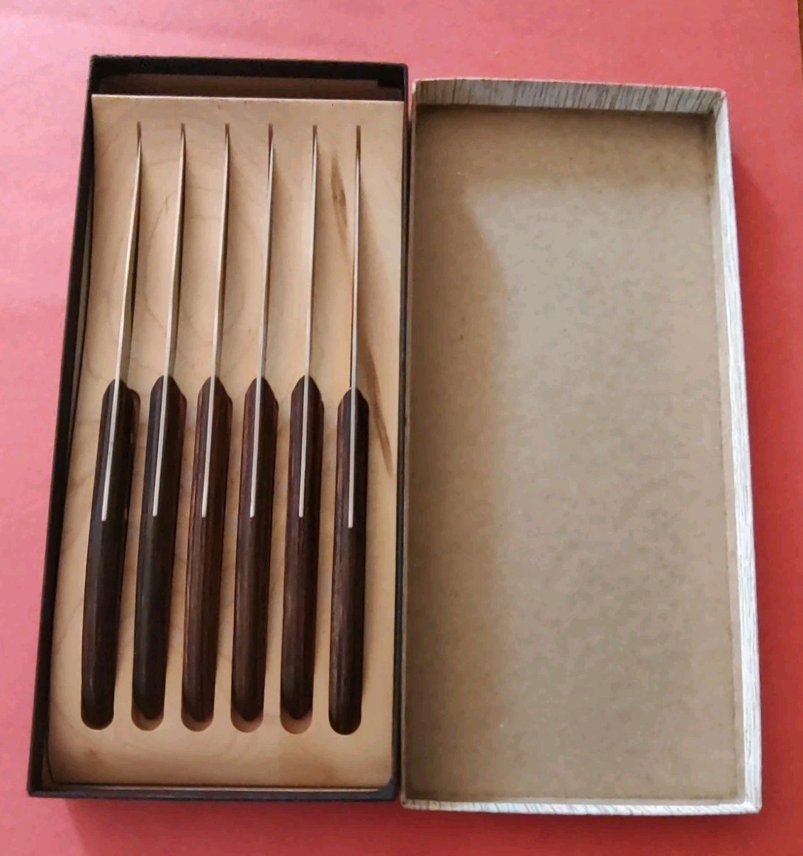 6 Russell Serrated Steak Knives Rosewood Handle USA MCM Rack Orig Box Dexter