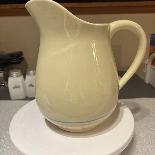 Vintage McCoy Pottery Stonecraft Pink Blue Stripe Water Milk Pitcher Jug HTF 9x7