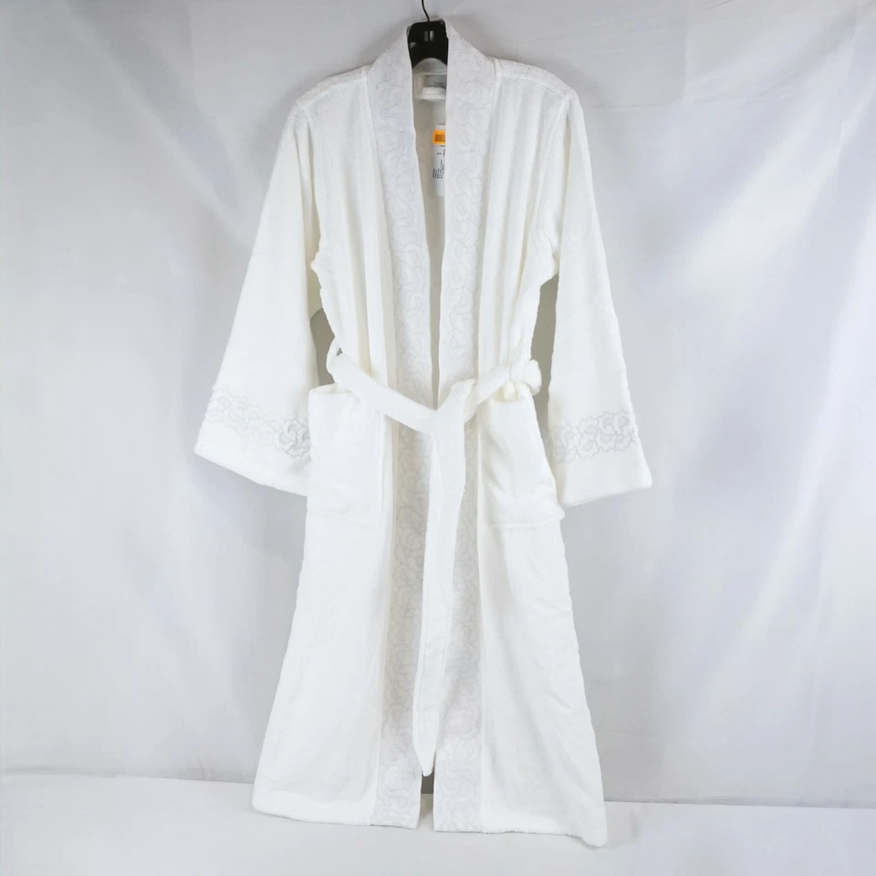 Yves Delorme Festons Floral Embroidered Belted Bath Robe In White - Size Medium