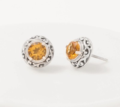 Artisan Crafted Sterling Silver Scroll Design Citrine Stud Earrings