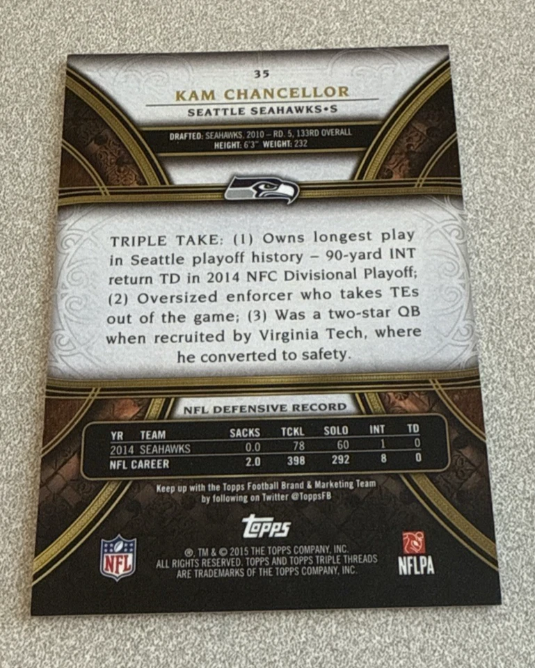2015 Topps Triple Crown Ruby #35 Kam Chancellor Seahawks /50 - Image 2 of 2