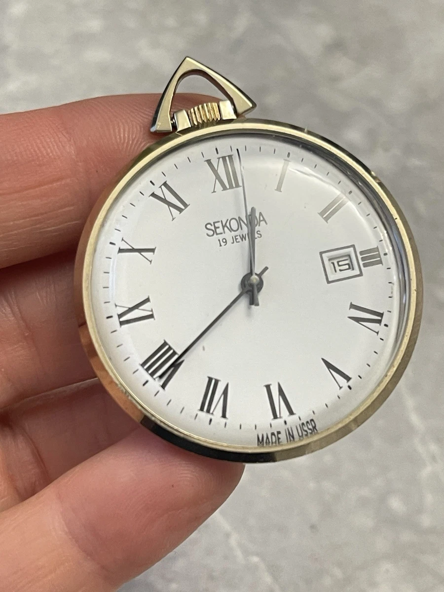 Reloj Bolsillo Mecánico Sekonda 19 Joyas Esfera Romana Blanca Fecha Colgante URSS 218