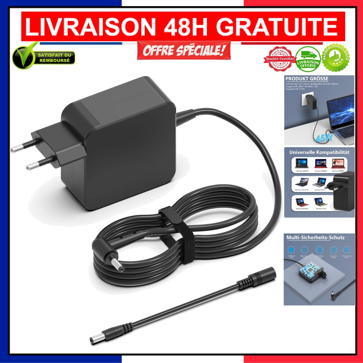Chargeur ASUS 45W léger pour Vivobook, idéal pour le télétravail et les voyages