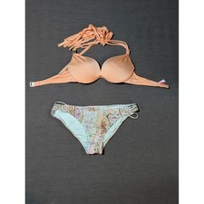 Victoria's Secret Padded Bikini Swimsuit Set 32C Medium Orange Abstract Cheeky