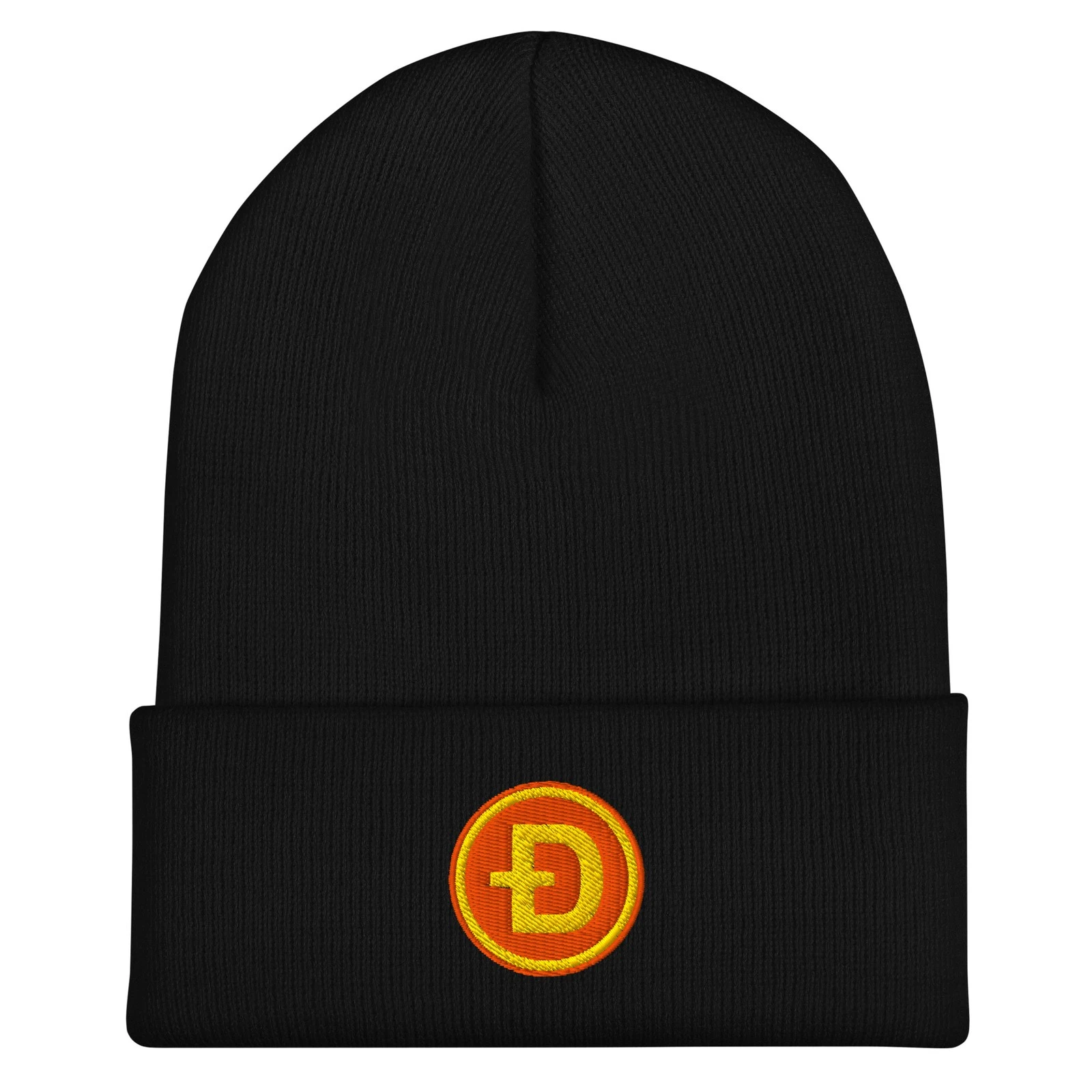 Dogecoin Millionaire Cuffed Beanie Hat (Black/Orange/Gold)