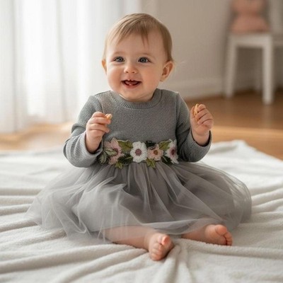 Gray Knit + Tulle Floral Dress   Size 12M