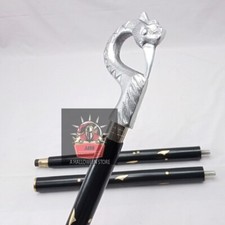 Silver Swan Head Handle 3 Fold Vintage Designer Black Wooden Walking Stick Cane