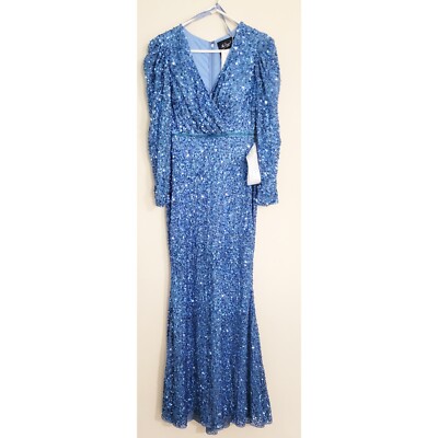 Mac Duggal French Blue Sequin Gown Formal Dress 4 Puff Shoulder Surplice  DEFECT | eBay