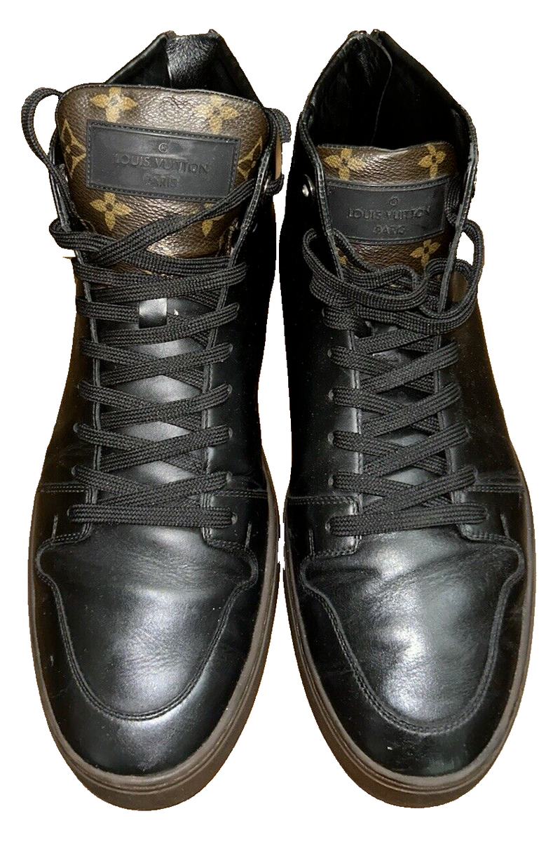 PRE-OWNED LOUIS VUITTON BLACK LEATHER MONOGRAM CANVAS HIGH TOP MEN SNEAKERS 