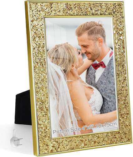 4X6 Picture Frame Glitter, Gold Bling 4 by 6 Photo Frames with HD Real Glass, fo
